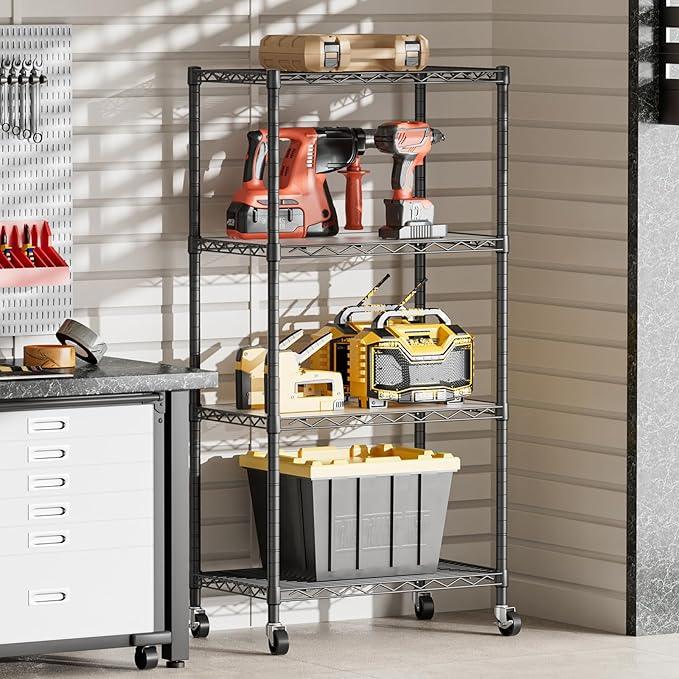 SINGAYE 4 Shelves Storage Shelf Wire Closet Bathroom Organizers Metal Pantry Kitchen Garage Shelving Unit Laundry Room Organization Home Rack Net Basket Black with Wheels - ModernBath