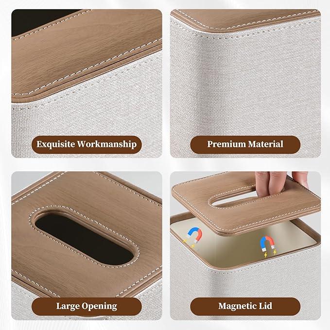 Cretkhp Square Linen Tissue Box Cover with Magnetic Closure, Modern PU Leather Tissue Box Holder for Bathroom Vanity Countertop Night Stands Bedroom Office Desk, Stylish Cube Tissue Holder (Linen) - ModernBath