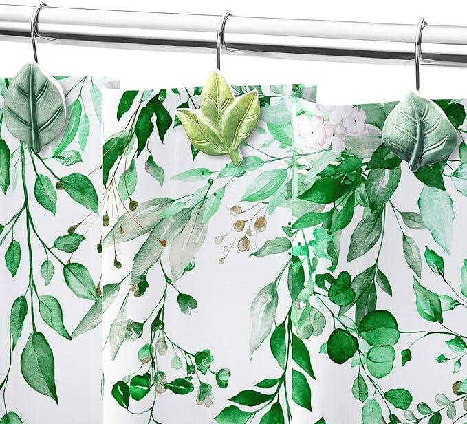 Gibelle 12PCS Leaves Shower Curtain Hooks, Green Plant Decorative Leaf Shower Curtain Hooks Metal Rustproof Cute Eucalyptus Shower Curtain Rings Bathroom Decoration Accessories - ModernBath