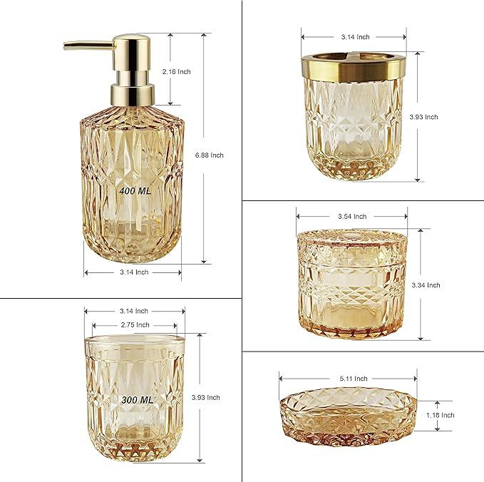 LaMarriti Clear Gold Bathroom Accessorries Set, 5Pcs Glass Bathroom Accessories, Lotion Soap Dispenser, Toothbrush Holder Set, Soap Dish, Tumbler, Qtips Holder for Bathroom Vanity Decor, Yellow Gold - ModernBath