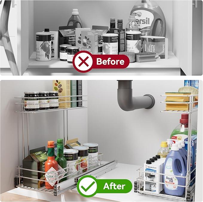 Under Sink Organizer 9" W X17 D, Pull Out Cabinet Organizer 2 Tier, Under Sink Slide Out Chrome Plated, Under Kitchen Bathroom Organizer, Pantry Cabinet Closet Organization Rack, 1 Pack - ModernBath