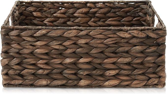Casafield Set of 4 Water Hyacinth Pantry Baskets, 10" x 13" x 5", with Chalkboard Labels and Chalk Marker - Espresso, Woven Storage Bin Organizers for Kitchen Shelves - ModernBath