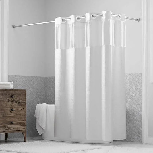 Hookless It’s A Snap! Waffle Shower Curtain, 3-in-1 Curtain Includes Fabric Shower Curtain with Sheer Top Window, Flex-On Rings & Fabric Liner with Magnets, 71” x 74”, White - ModernBath