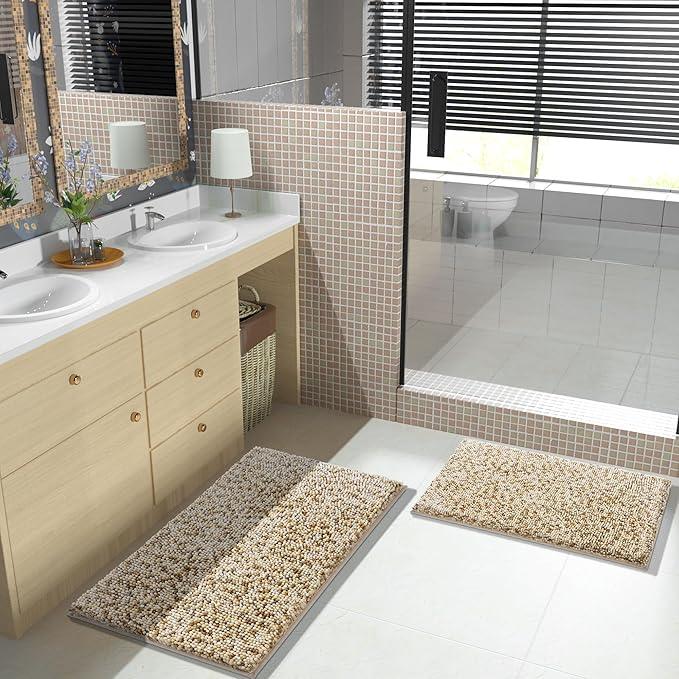 Yimobra Bath Mats for Bathroom Non Slip, 36x24, Extra Soft Chenille Bathroom Rugs, Luxury Fluffy Long Matts for Tub, Plush Shaggy Carpet, Water Absorb, Machine Washable, Beige & Light Coffee - ModernBath
