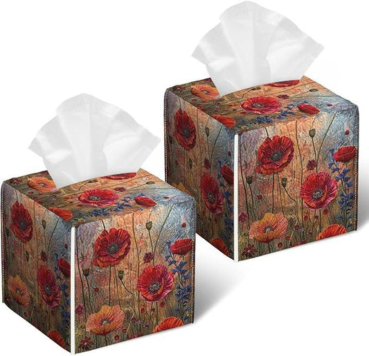 Red Poppy Tissue Box Cover 2PCS, Leather Tissue Box Holder Square Facial Paper Case Tissue Box Cube Organizer for Bathroom Bedroom Desk Office - ModernBath