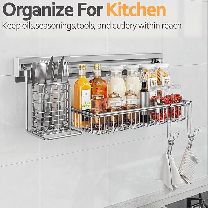 MINGLING Stainless Steel Shower Caddy, 41 cm Wall Back Crossbar Rustproof Shelves with 2 Long Tail Hook Clip, Large Capacity Bathroom Organizers and Storage - ModernBath