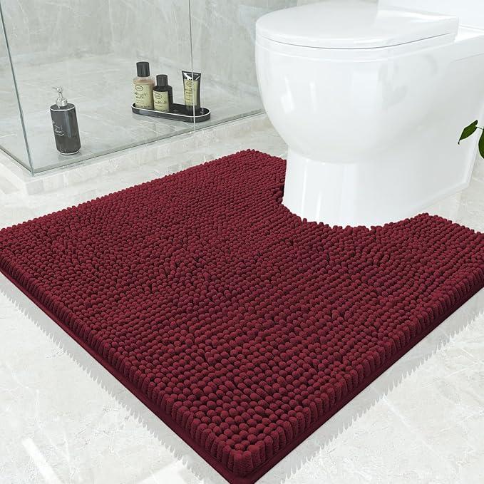 Smiry Luxury Chenille Toilet Rugs U-Shaped 24x24, Soft Absorbent Non-Slip Contour Bathroom Rugs for Toilet, Machine Washable Contoured Bath Mats, Burgundy - ModernBath