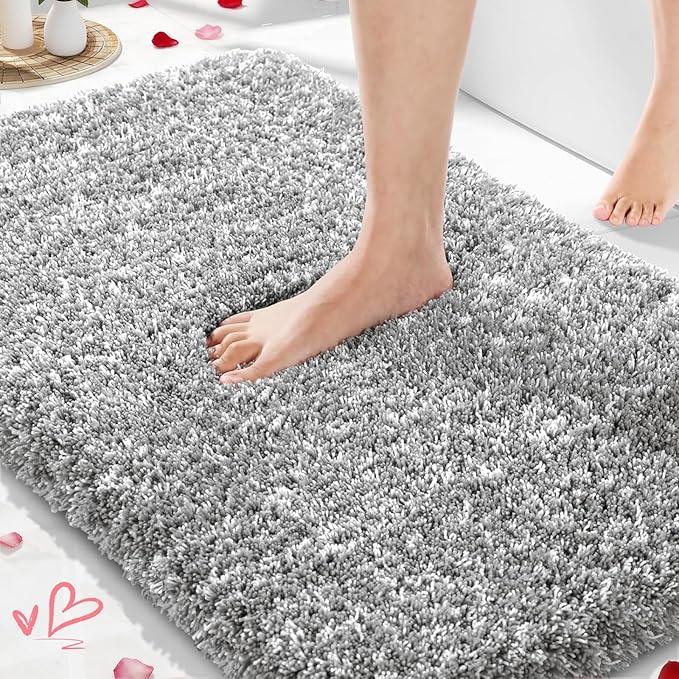 Yimobra Bathroom Rugs Non Slip Washable 36x24, Ultra Soft and Water Absorbent Bath Mats, Plush Fluffy Shower Mat Outside, Luxury Microfiber Thick Matts for Bathroom Floor/Tub, Light Gray and White - ModernBath