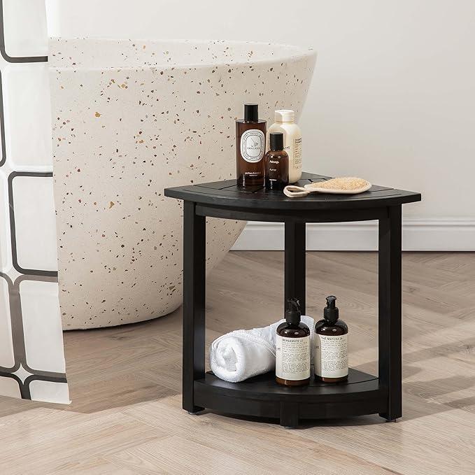 VICTORY RELAX Acacia Wood Corner Shower Stool - Waterproof Triangular Bathroom Bench with Storage Shelf & Soap Dish for Shaving, Black Wood (17.9x12.7x16.5) - ModernBath