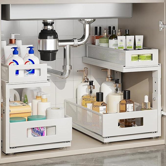 2 Pack Under Sink Organizer With Next-Gen Ball-Bearing Slides,2-Tier Pull Out Cabinet Storage,Height Adjustable Drawer Shelf for Bathroom,Kitchen,Laundry,Cabinet,Pantry(Patent Pending) - ModernBath