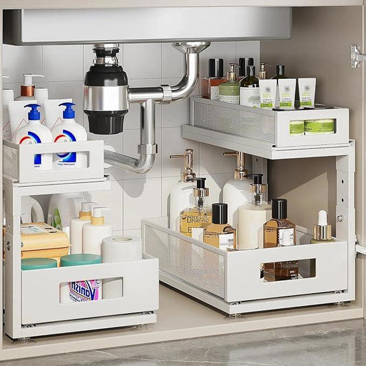 2 Pack Under Sink Organizer With Next-Gen Ball-Bearing Slides,2-Tier Pull Out Cabinet Storage,Height Adjustable Drawer Shelf for Bathroom,Kitchen,Laundry,Cabinet,Pantry(Patent Pending) - ModernBath