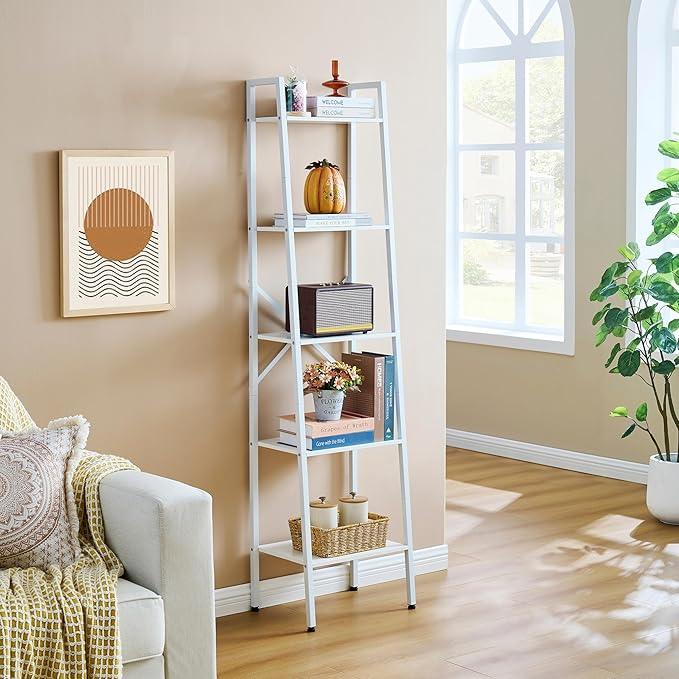 Hoctieon 5-Tier Industrial Ladder Bookshelf, Narrow Ladder Shelf, Tall Standing Bookshelf, Skinny Open Ladder Shelf, for Living Room, Home Office, Kitchen, Bedroom, Metal Frame, White - ModernBath