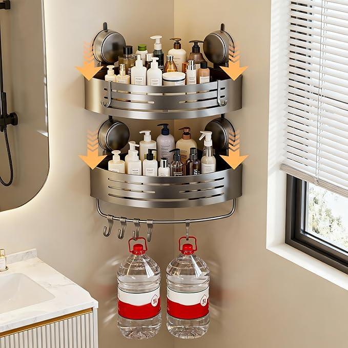 Structoline Corner Suction Cup Shower Caddy(2-Pack Gray),No-Drilling Aluminum Shower Shelf with Towel Bar & Hooks,Removable Bathroom and Kitchen Storage Organizer. - ModernBath