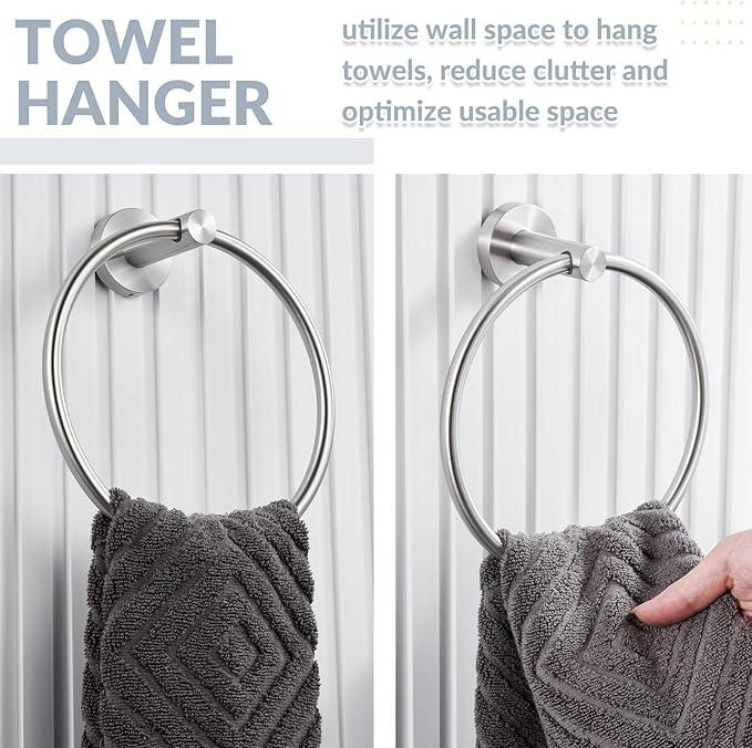 APLusee Bathroom Towel Ring Brushed Nickel, 304 Stainless Steel Hand Towel Holder for Bathroom Kitchen, Single Round Swivel Hanger, Wall Mounted - ModernBath