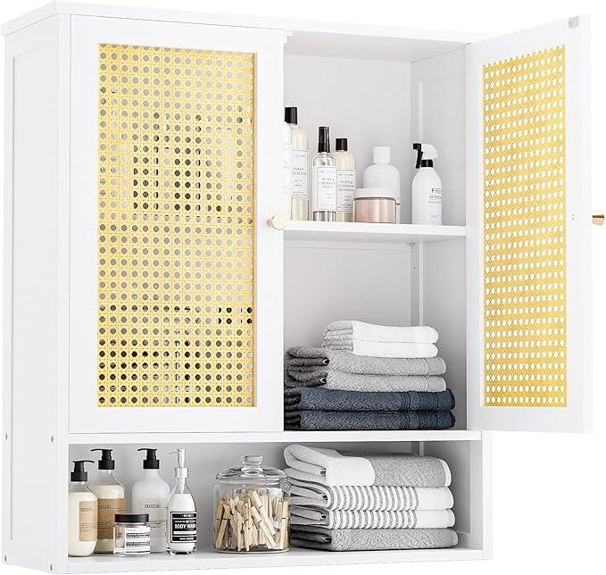 Bathroom Wall Cabinet, Bamboo Over-The-Toilet Storage Organizer with 2 Rattan Doors and Adjustable Shelf, Space Saver Medicine Cabinet for Laundry, Kitchen, Living Room (White) - ModernBath
