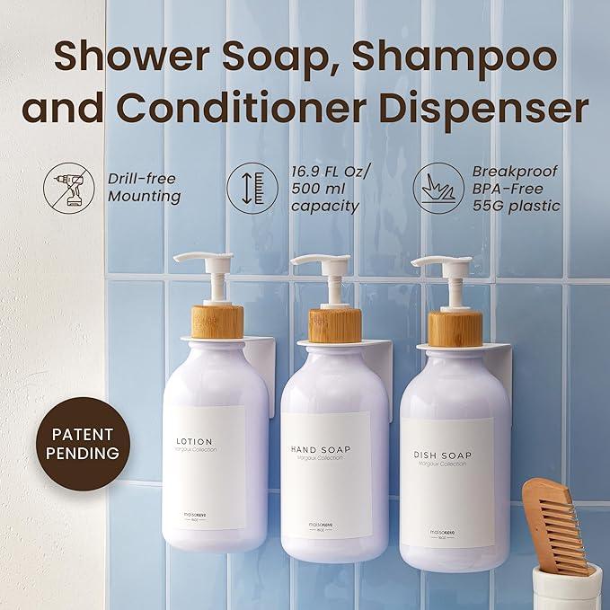 MaisoNovo Shampoo and Conditioner Dispenser - Shower Soap Dispenser Wall Mounted - 16.9 fl oz Set of 3 White Plastic Bottles Bamboo Pump - 3 Chamber No Drill - ModernBath