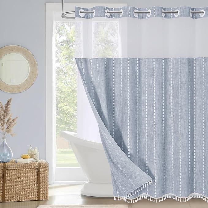 MitoVilla No Hooks Needed Farmhouse Shower Curtain with Snap-in Liner - with Window & Magnets, Boho Cotton Linen Fabric Shower Curtains with Tassels for Rustic Bathroom Decor, Blue, 72 x 74 - ModernBath