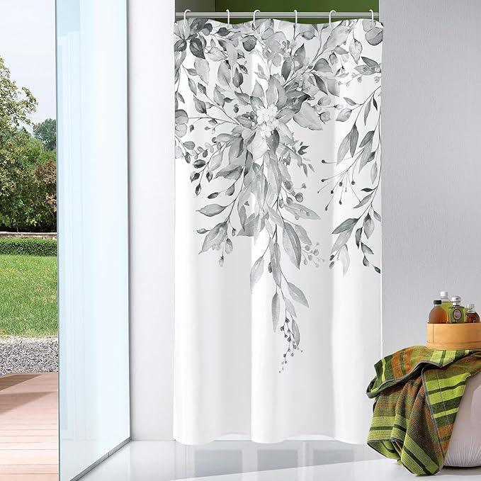 Gibelle Small Stall Shower Curtain 36 x 72, Narrow Grey Floral Decorative Bathroom, Watercolor Plant Eucalyptus Leaves Fabric - ModernBath