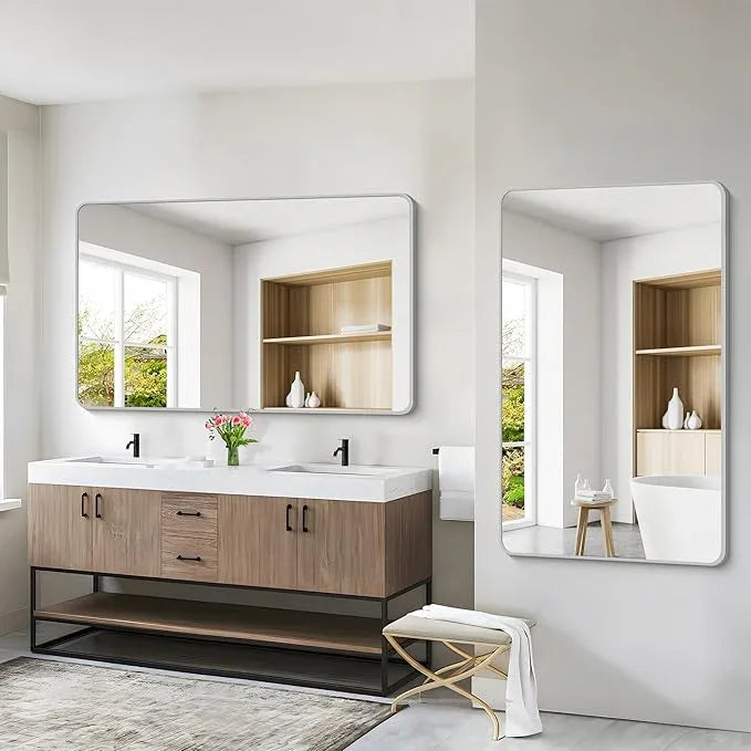 CIVENO 55x36 Inch Silver Bathroom Mirror, Large Rectangular Vanity Mirror, Metal Framed Rectangle Mirror, Rounded Corner Wall Mounted Mirrors for Living Room Bedroom Entryway Horizontal or Vertical - ModernBath