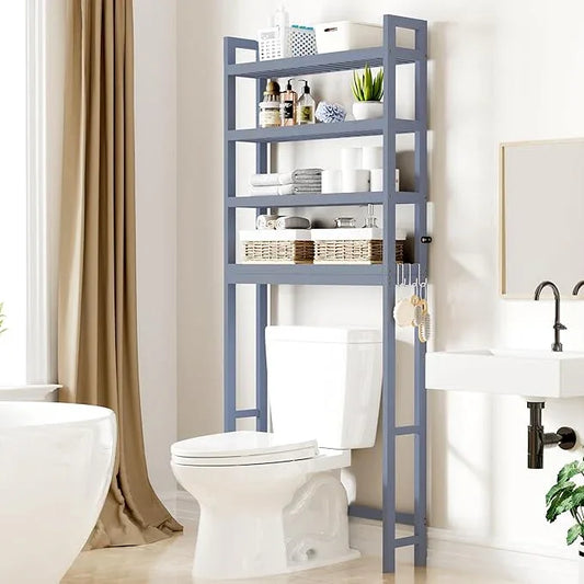 Smiry Over The Toilet Storage Cabinet, 4-Tier Bamboo Bathroom Organizers with Adjustable Shelf & 4 Hooks, Space Saving Shelf Rack for Bathrooms, Laundry Room, Balcony, Grey - ModernBath