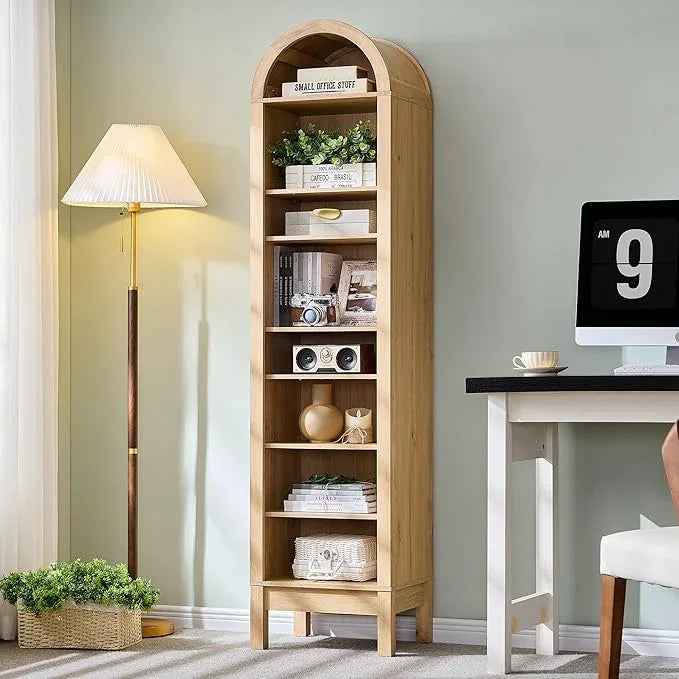 71" Tall Arched Bathroom Storage Cabinet, 8-Tier Modern Farmhouse Storage Cabinet with Adjustable Shelves, Wood Freestanding Cabinet for Bathroom, Living Room, Entryway, Hallway (Natural) - ModernBath