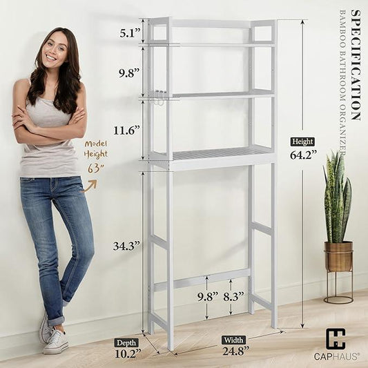 CAPHAUS Over The Toilet Storage Shelf,3-Tier Bathroom Organizer Shelf Rack Over Toilet with Hooks & Adjustable Feet,Freestanding Toilet Shelf, Bathroom & Laundry Organizer,Balcony Plant Stand, White - ModernBath