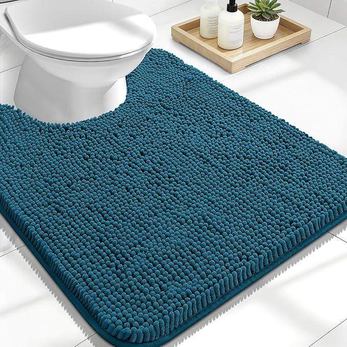 OLANLY Toilet Rugs U-Shaped 24x20, Extra Soft Absorbent Chenille Contour Bathroom Rugs for Toilet, Dry Quickly, Machine Washable, Non-Slip Bath Mat, Peacock Blue - ModernBath