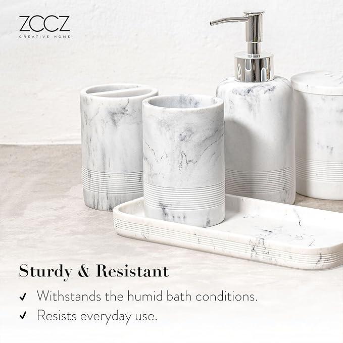 ZCCZ White Marble Bathroom Accessories Set 6 Pieces - Toothbrush Holder, Lotion Dispenser, Qtip Container, Vanity Tray, Tumbler - Countertop Organizer for Bathrooms - Elegant and Functional Décor Set - ModernBath