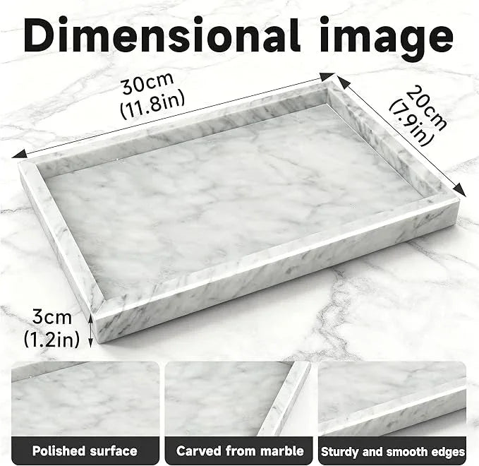 MARBLOC 12"x8" Marble Tray White Rectangular Bathroom Tray countertop, Vanity & Kitchen | Includes Mirror Wiper and Wash Towel | Decorative Organizer for Perfume, Jewelry & Home Decor - ModernBath