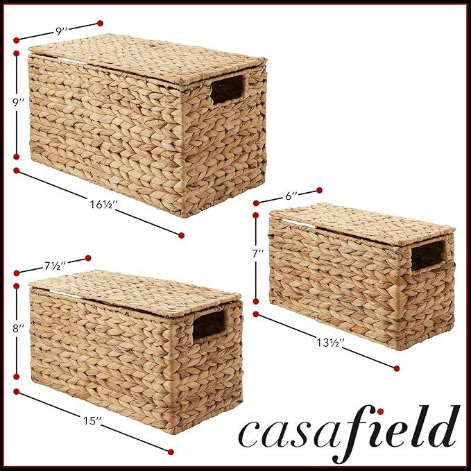 Casafield Set of 3 Water Hyacinth Storage Baskets with Lids, Natural - Small, Medium, Large Woven Nesting Bins for Bathroom, Bedroom, Closets, Shelves - ModernBath
