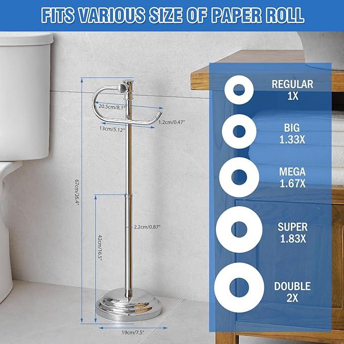 RUMOSE Toilet Paper Holder Stand for Floor, Polished Chrome Adjustable (12.4" to 22.8") Bathroom Toilet Tissue Holder, Free Standing Toilet Paper Roll Holder with Storage, Stainless Steel - ModernBath