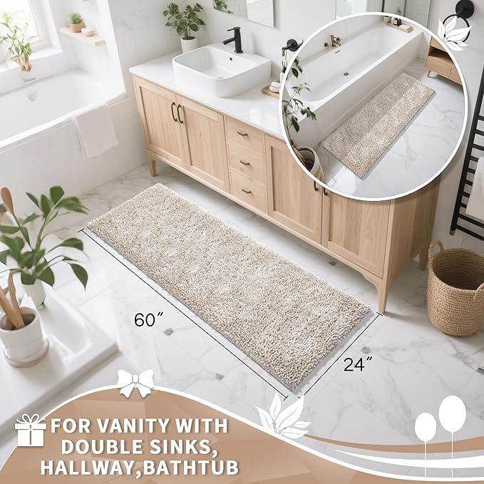 Yimobra Long Bathroom Rugs Runner 60x24 Inch, Extra Thick Soft Absorbent Chenille Bath Mat, Non Slip Machine Washable, Quick Dry Bath Rugs for Bathroom Floor, Tub and Shower, Khaki - ModernBath