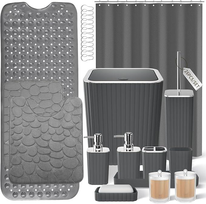 XLHOMO 26PC Bathroom Accessories Set - Gorgeous Grey Bathroom Set, Bathroom Accessory Set, Shower Curtain Set with Bathtub Mats for Shower Tub, Trash Can & Soap Dispenser - ModernBath