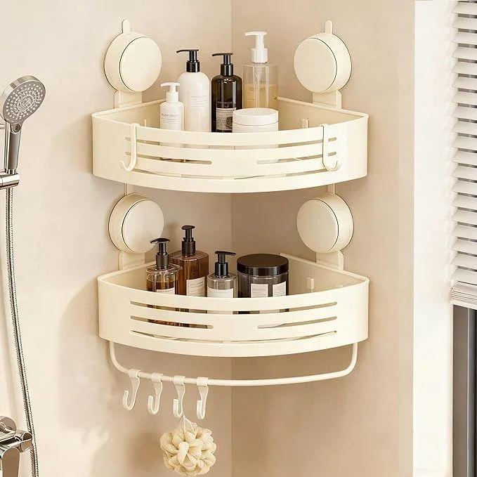 Structoline Corner Suction Cup Shower Caddy(2-Pack Cream White),No-Drilling Aluminum Shower Shelf with Towel Bar & Hooks,Removable Bathroom and Kitchen Storage Organizer - ModernBath