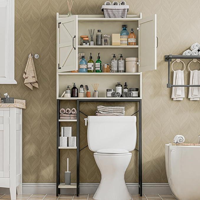 Vabches Over The Toilet Storage Cabinet, Farmhouse Storage Cabinet Over Toilet with 2 Barn Door & Toilet Paper Holder Stand，Home Space-Saving Toilet Rack, for Bathroom, Restroom, Laundry - ModernBath