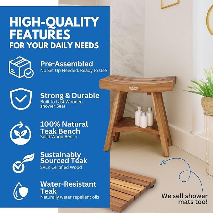 EcoDecors Teak Shower Bench with Shelf 18", 300 lb Capacity – Fully Assembled Waterproof Wood Spa Seating for Adults - Compact Fit for Small Bathrooms & Walk-in Showers - Slip-Resistant Feet - ModernBath