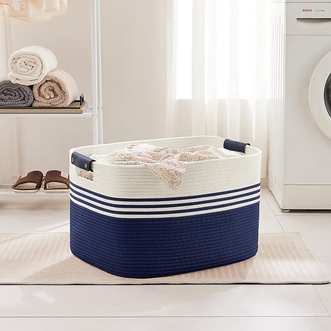 86L Extra Large Laundry Basket with Leather Handles for Living Room Storage, Woven Rope Baskets for Blanket, Kids Toy, Gifts, Wicker Hamper for Bedroom Dirty Clothes, 24"x16"x14" White Navy - ModernBath