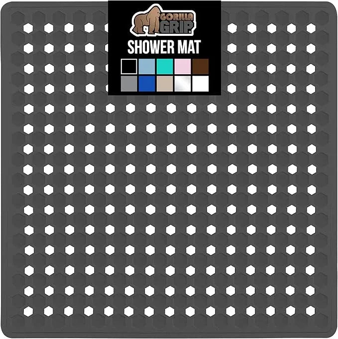 GORILLA GRIP Patented Square Shower Stall Mat, Small Bathtub Floor Mats for Stand Up Showers, Suction Cups and Drain Holes, Machine Wash, Soft on Feet, Bathroom Accessories 21x21 Inch, Charcoal Opaque - ModernBath