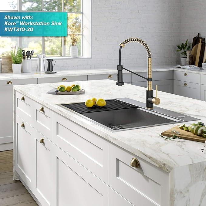 KRAUS Bolden Commercial Style 2-Function Single Handle Pull Down Kitchen Faucet in Spot-Free Antique Champagne Bronze/Matte Black, KPF-1610SFACBMB - ModernBath
