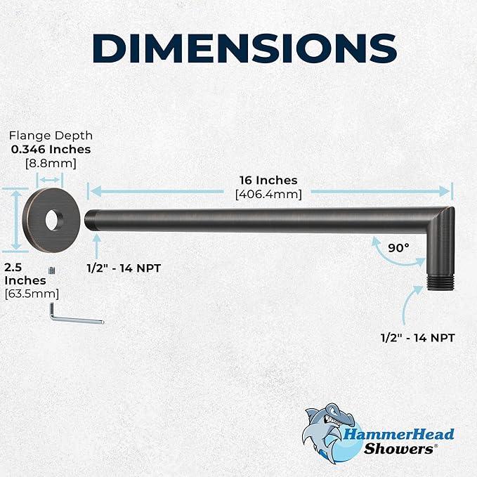 HammerHead Showers® Solid Metal 16 Inch Extended Shower Arm and Flange with Set Screw, Long Shower Arm, Extends Rain Shower Overhead, Wall-Mounted Rain Shower Arm, Oil Rubbed Bronze - ModernBath