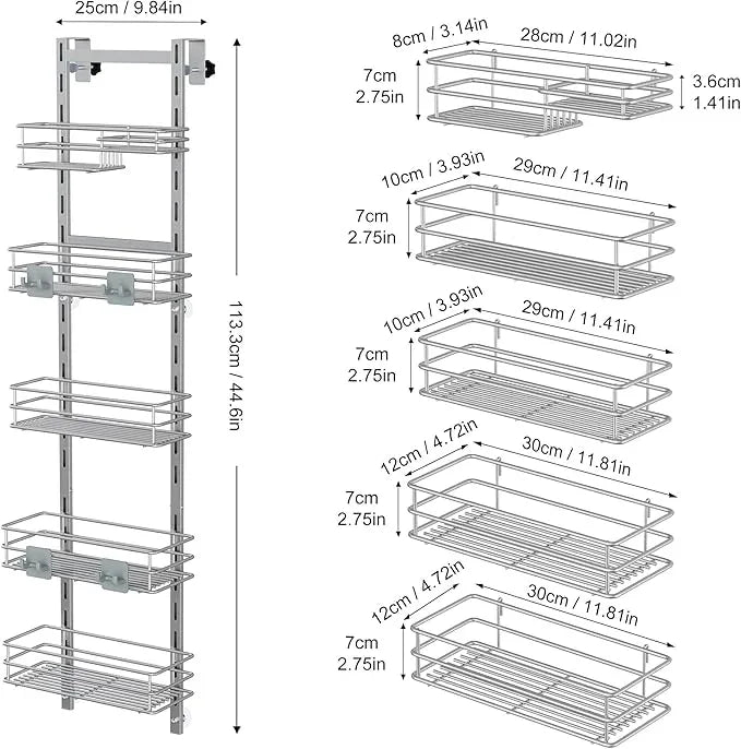 Orimade Over the Door Shower Caddy Adjustable 5 Tier Silver Grey,Bathroom Hanging Organizer Shelf Rustproof with 4 Hooks,Shower Basket with Soap Holder and Suction Cup - ModernBath