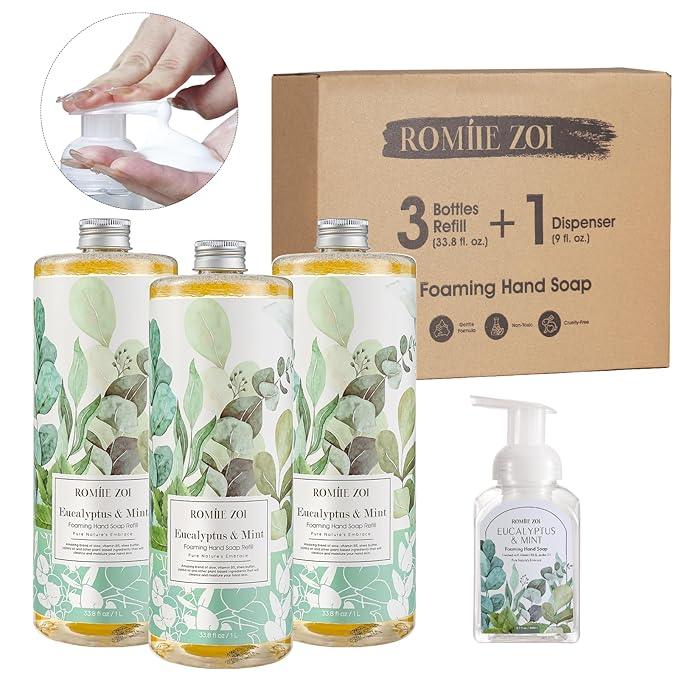 ROMIIE ZOI Eucalyptus & Mint Foaming Hand Soap Refills with Reusable Pump Dispenser - Natural & Cruelty-Free, Gentle & Moisturizing - Large Bottle Bulk for Home & Kitchen-1L/33.8oz (Pack of 3) - ModernBath