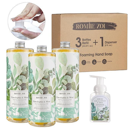 ROMIIE ZOI Eucalyptus & Mint Foaming Hand Soap Refills with Reusable Pump Dispenser - Natural & Cruelty-Free, Gentle & Moisturizing - Large Bottle Bulk for Home & Kitchen-1L/33.8oz (Pack of 3) - ModernBath