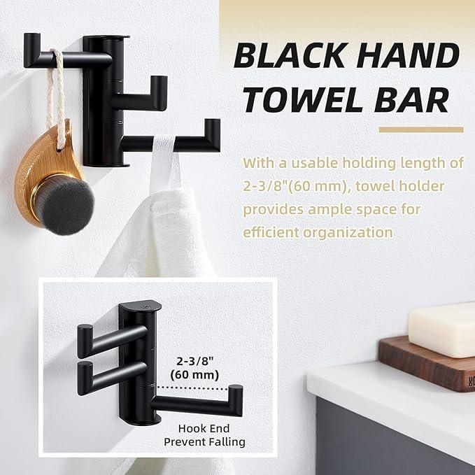 APLusee Swivel Towel Hook, 304 Stainless Steel Foldable Clothes Hook with Multi Three Rotating Arm, Flexible Bathroom Kitchen Storage Hanger Wall Mounted, Matte Black - ModernBath