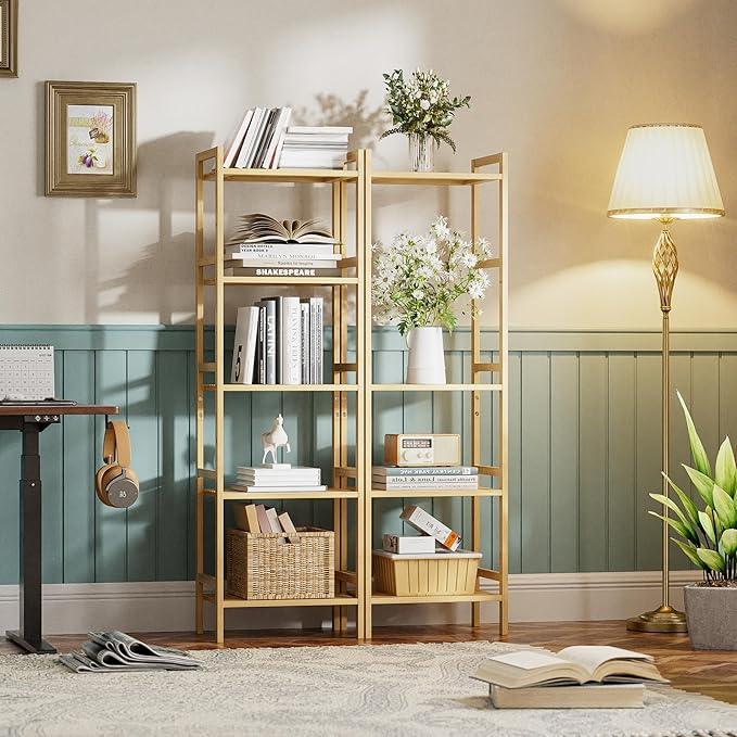 HITNET Tall Narrow Bookshelf, 5 Tier Bathroom Shelf Bamboo, Floor Standing Display Storage Organizer for Small Space, Adjustable Shelves, Natural Wood Bookcase - ModernBath
