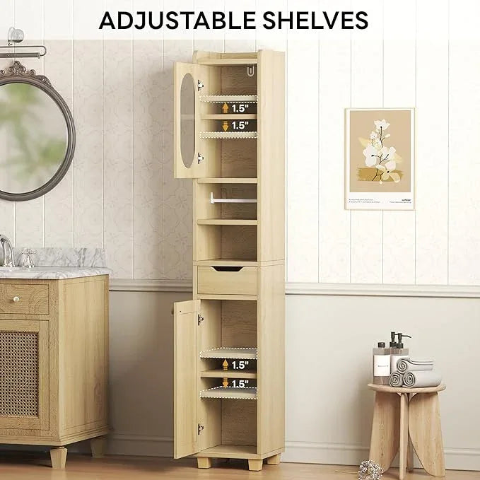 LIKIMIO 69" H Tall Bathroom Storage Cabinet with 2 Doors & 1 Drawer, Narrow Adjustable Shelves & Pull-Out Tissue Holder, Slim Freestanding Cabinet for Small Spaces, Kitchen, Entryway, Rustic White - ModernBath