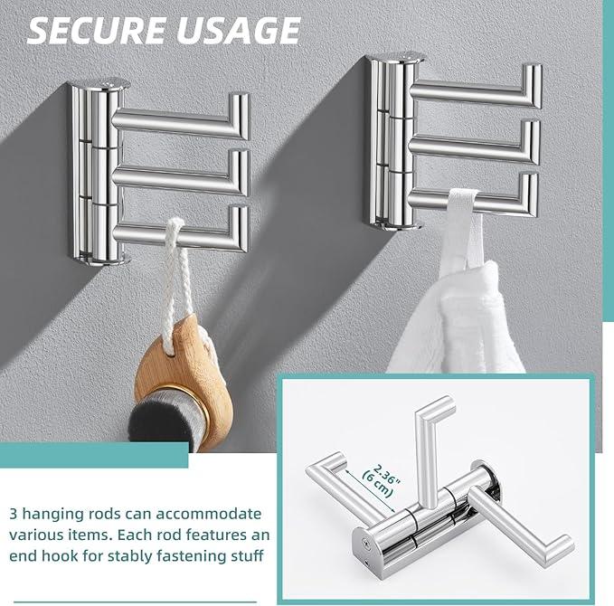 APLusee Polished Chrome Swivel Towel Hook 2 Pack, 304 Stainless Steel Coat Hook with 3 Arms, Wall Mounted - ModernBath