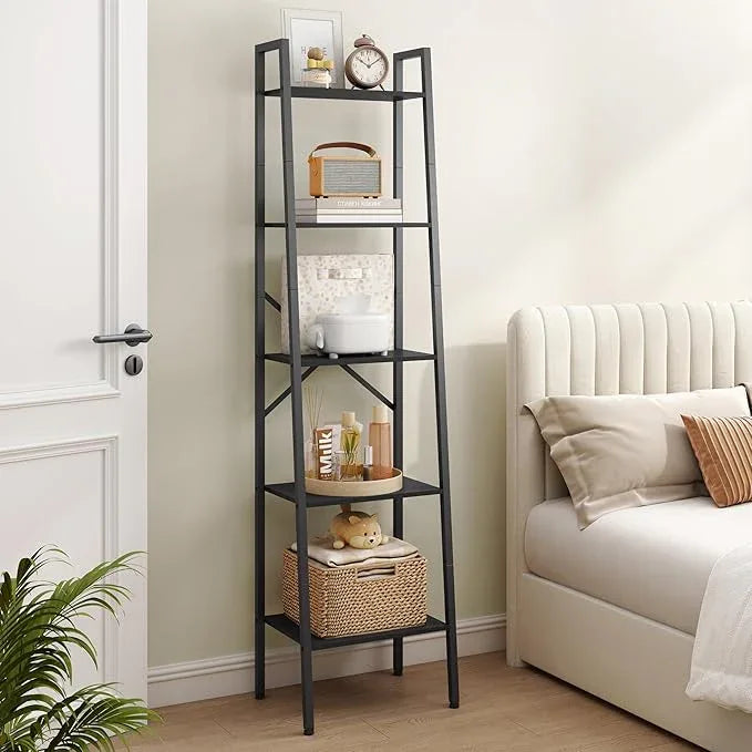 Hoctieon 5-Tier Industrial Ladder Bookshelf, Narrow Ladder Shelf, Tall Standing Bookshelf, Skinny Open Ladder Shelf, for Living Room, Home Office, Kitchen, Bedroom, Metal Frame, Black - ModernBath