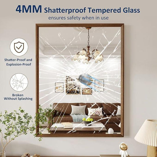 WEER Bathroom Mirror, 28x36 Inch Wall Mirror, Walnut Wood Grain Framed Mirror, Rectangle Vanity Mirror, Tempered Glass, Anti-Rust, Hangs Horizontally or Vertically - ModernBath