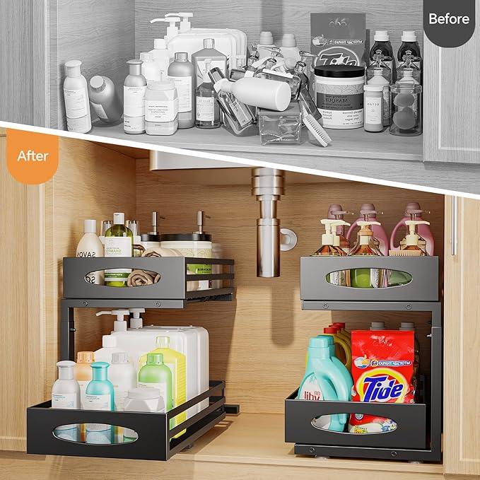 Under Sink Organizer, 2 Tier Under Sink Organizers and Storage, Adjustable Height, Slide out Metal Cabinet Organizers, Pull out Cabinet Storage Drawer Shelf for Kitchen Bathroom - ModernBath